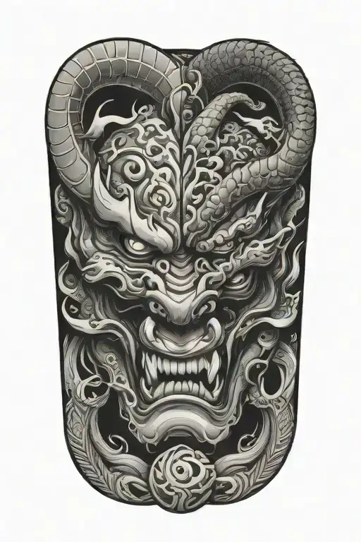 oni mask split in half with dragon in between the split tattoo design idea
