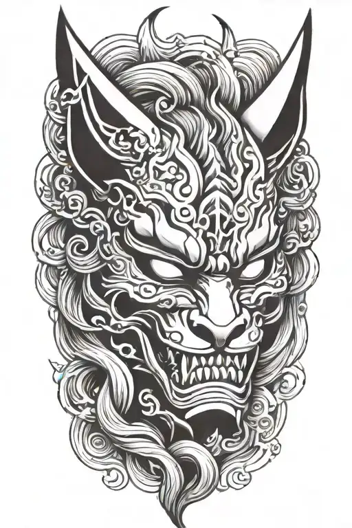 Oni mask split in half with the other half being  a kitsune mask tattoo design idea