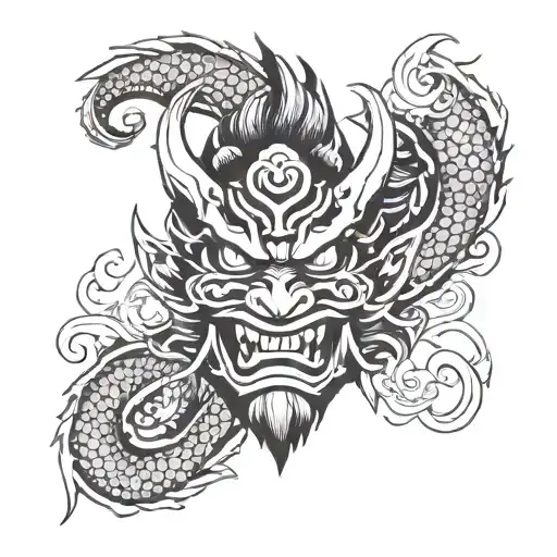 Oni Mask with hints of dragon features with koi fish background tattoo design idea