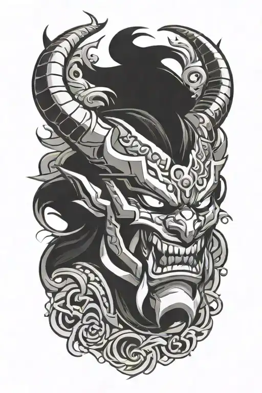 Oni mask of Blood moon Shen from league of legends tattoo design idea