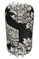 side profile view oni mask split in half maple leaves in between tattoo design idea