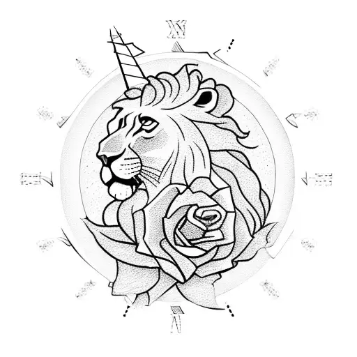 lion clock unicorn roses tattoo design idea