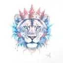 A full colour female lioness queen with fiery eyes and a crown made of thorns tattoo design idea