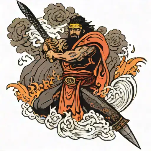 volcano flowing lava, samurai with a samoan weapon, samoan flag, musical notes intertwined tattoo design idea