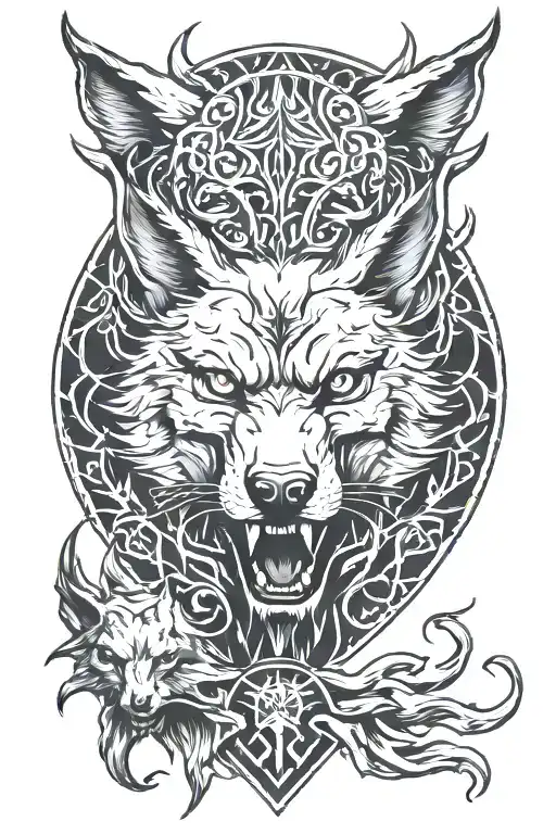 devil and gray wolf head tattoo design idea