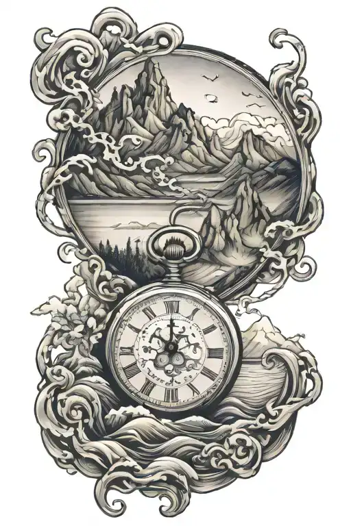 3 pocket watch surrounded with mountains and calm waves tattoo design idea