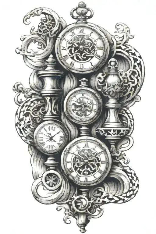 3 pocket watches intertwined infinity symbols with mountains, king chess piece and calm waves tattoo design idea