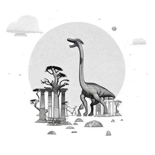 A brontosaurus silhouette with ancient ruins in the background tattoo design idea
