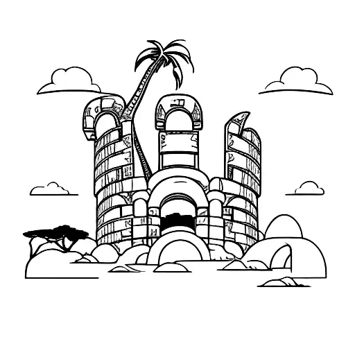 A brontosaurus silhouette with ancient ruins in the background tattoo design idea