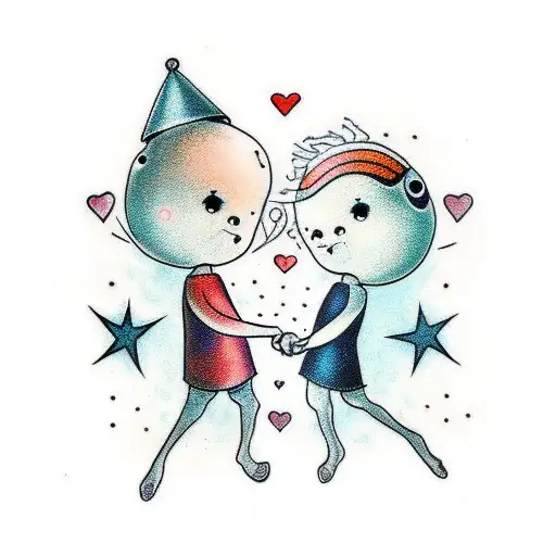 A cute and funny minimalist tattoo of two aliens holding hands under a starry sky, representing your love for each other and your shared passion for the universe. tattoo design idea