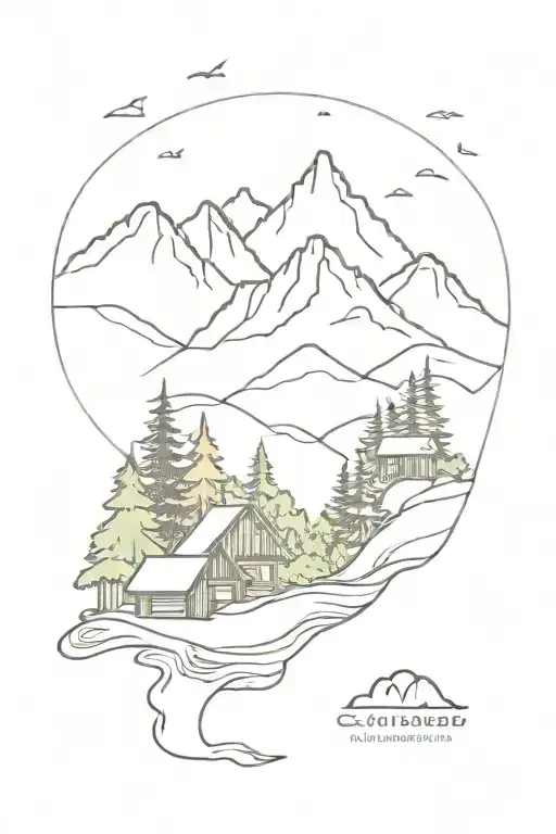 mountain panorama with canada universes like wooden chalet, whale, orcas, maple leaves, bears, tattoo design idea