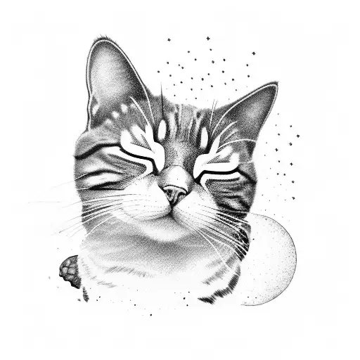 black tattered ball sleeping cat, background burning city ruins, red moon tattoo design idea