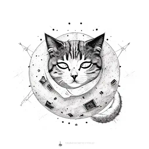 black tattered ball sleeping cat, background burning city ruins, red moon tattoo design idea