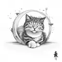 black tattered ball sleeping cat, background burning city ruins, red moon tattoo design idea