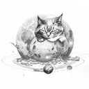 black tattered ball sleeping cat, background burning city ruins, red moon tattoo design idea