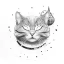 black tattered ball sleeping cat, background burning city ruins, red moon tattoo design idea