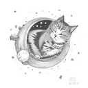 black tattered ball sleeping cat, background burning city ruins, red moon tattoo design idea