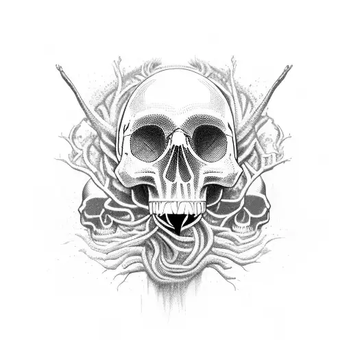 skull with roots down and up the head with some electrical circuits, all this in a snake that eats his tail tattoo design idea