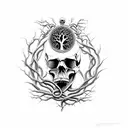 skull with roots and tree of life snake and electric circuites  tattoo design idea