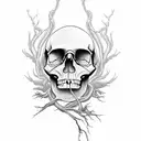 skull with roots down and up the head with some electrical circuits, all this in a snake that eats his tail tattoo design idea