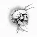 skull with roots down and up the head with some electrical circuits, all this in a snake that eats his tail tattoo design idea
