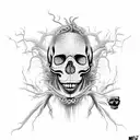 skull with roots down and up the head with some electrical circuits, all this in a snake that eats his tail tattoo design idea