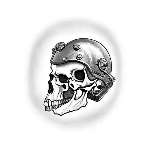 A skull wearing a motorcycle helmet with engine pistons as crossbones tattoo design idea
