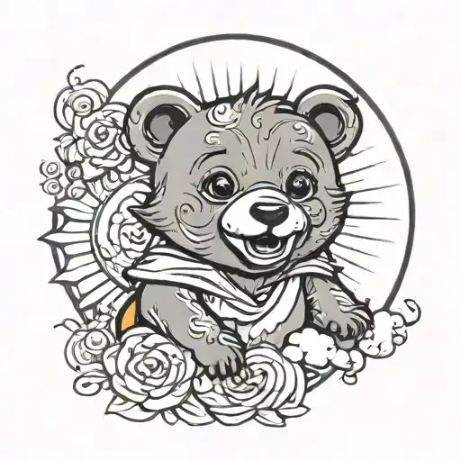 Baby bear Cartoon smiling sun tattoo design idea
