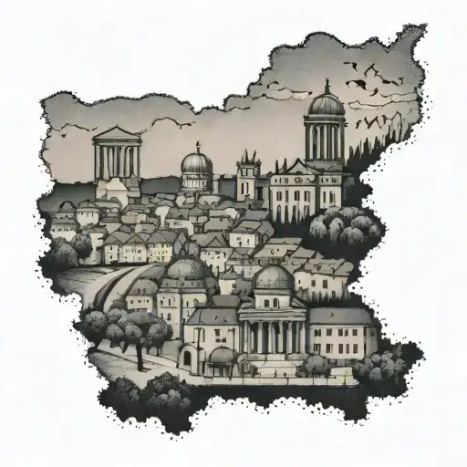 Illustrate a scene of Albania and Berlin coming together in a dotwork tattoo tattoo design idea