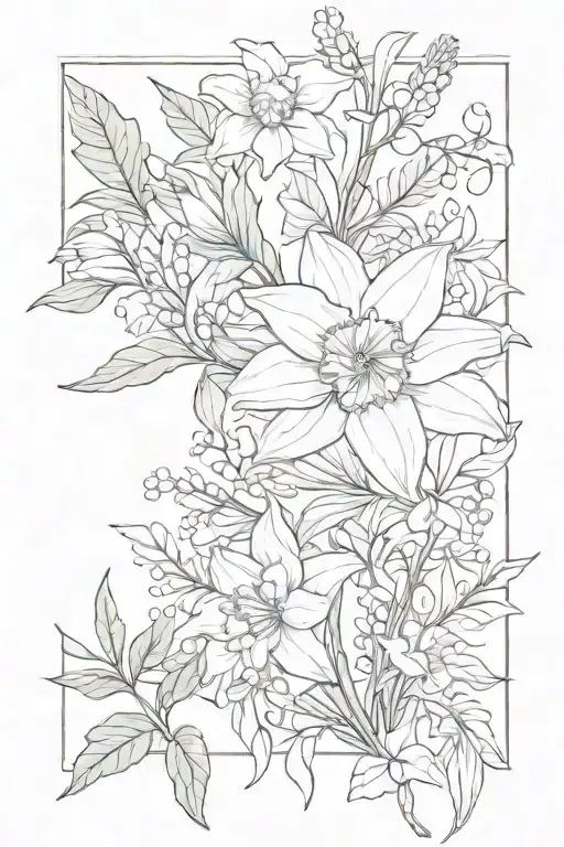 Daffodil, quail, fern, ivy, sunflower tattoo tattoo design idea