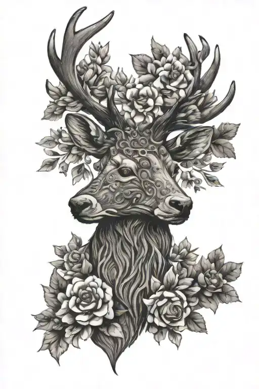 floral stag head tattoo design idea
