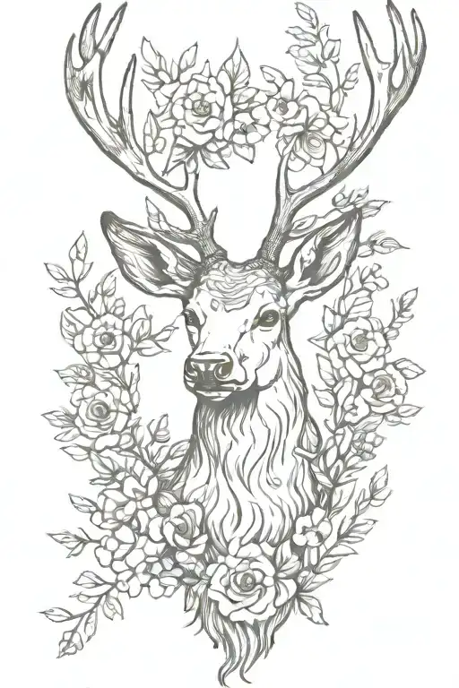 floral stag head tattoo design idea