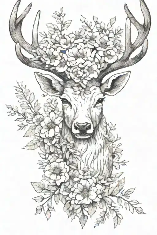 flora stag head tattoo design idea