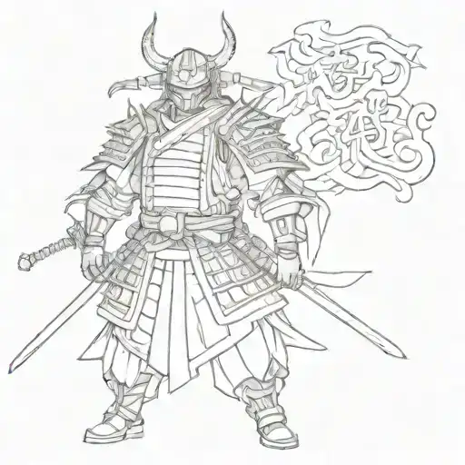 Combine elements of a samurai armor and Chinese calligraphy with subtle devil motifs (Teufel) tattoo design idea