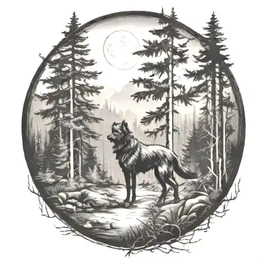 dark forest landscape black dog hunting tattoo design idea