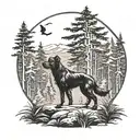 dark forest landscape black dog hunting tattoo design idea
