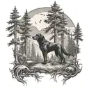 dark forest landscape black dog hunting tattoo design idea