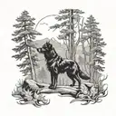dark forest landscape black dog hunting tattoo design idea