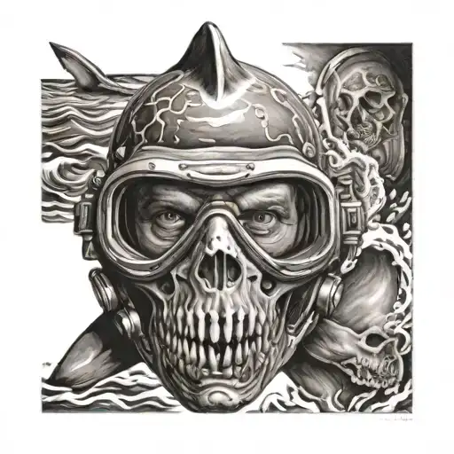 shark swimming skull diving mask tattoo design idea