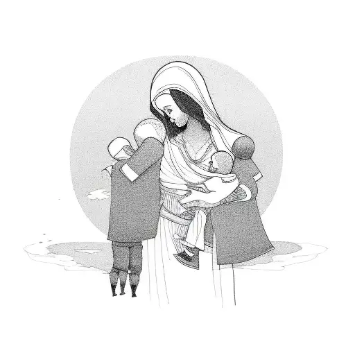 A minimalist design of a mother embracing her husband and children tattoo design idea