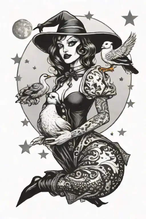 pin up witch holding a duck with moon and stars behind her tattoo design idea