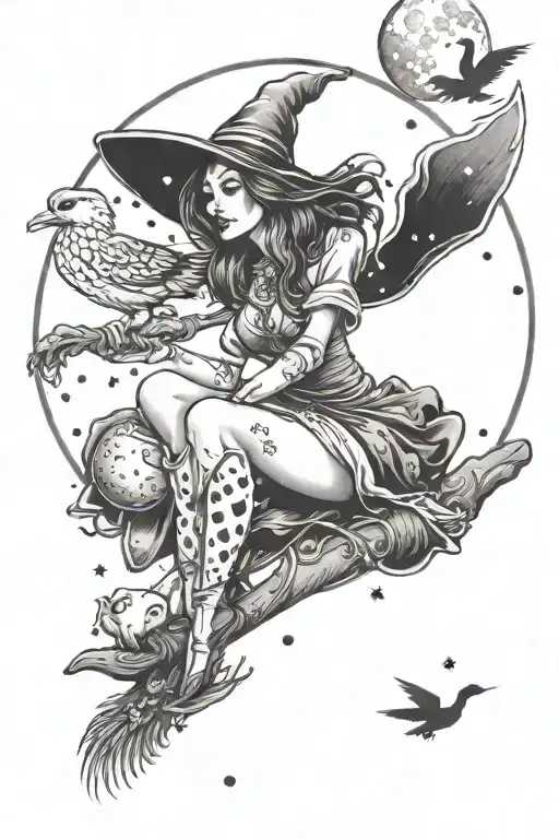 sexy witch on a broom holding a duck with moon behind  tattoo design idea