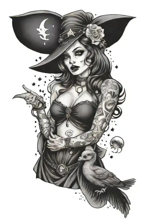 pin up witch holding a duck with moon and stars behind her with bat skull and crystals  tattoo design idea