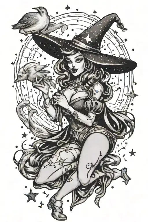 pin up witch holding a duck with moon and stars scattered tattoo design idea