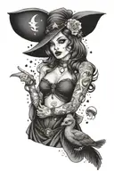 pin up witch holding a duck with moon and stars behind her with bat skull and crystals  tattoo design idea