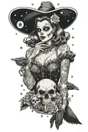 pin up witch holding a duck with moon and stars behind her with bat skull and crystals  tattoo design idea