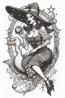 pin up witch holding a duck with moon and stars scattered tattoo design idea