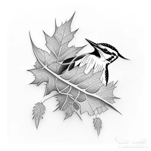 woodpecker and oak leaves tattoo design idea