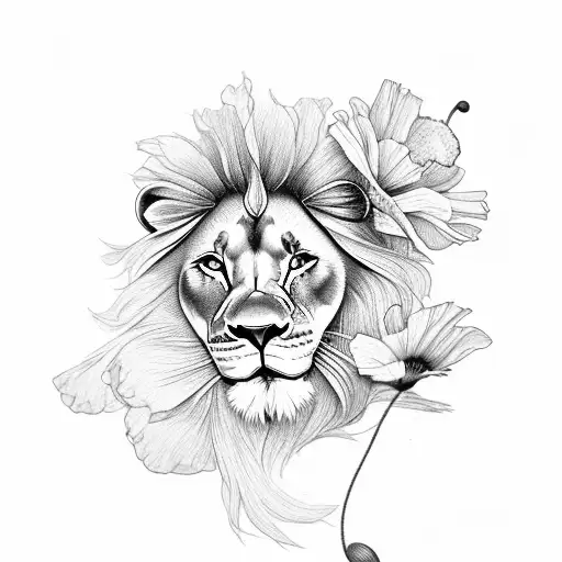 lion with poppies and gladiolus and sun on thigh tattoo design idea