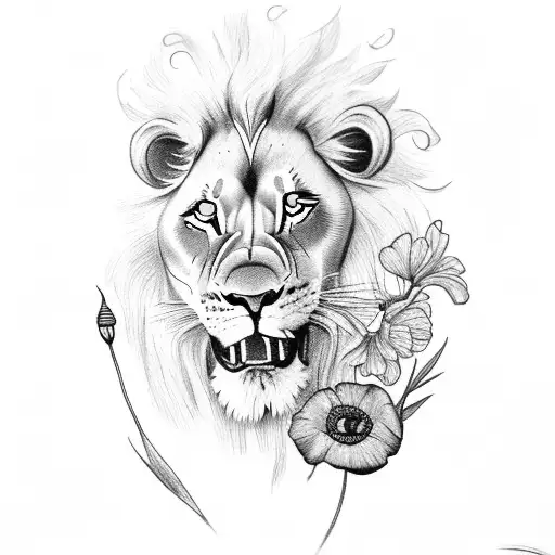 lion with poppies and gladiolus and sun tattoo design idea